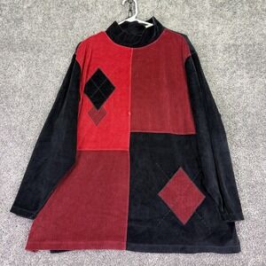 Erika II Blouse Womens 2X Black Red Colorblock Velour Mock Neck Tunic Casual
